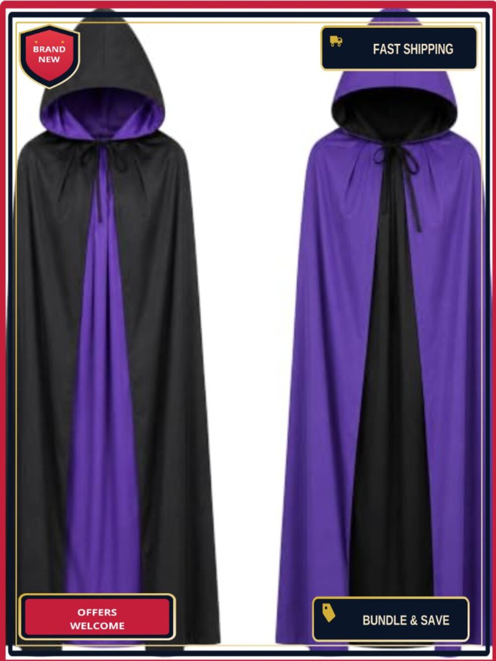 Unisex Reversible Hooded Cape Costume Halloween Cosplay Masquerade Cloak